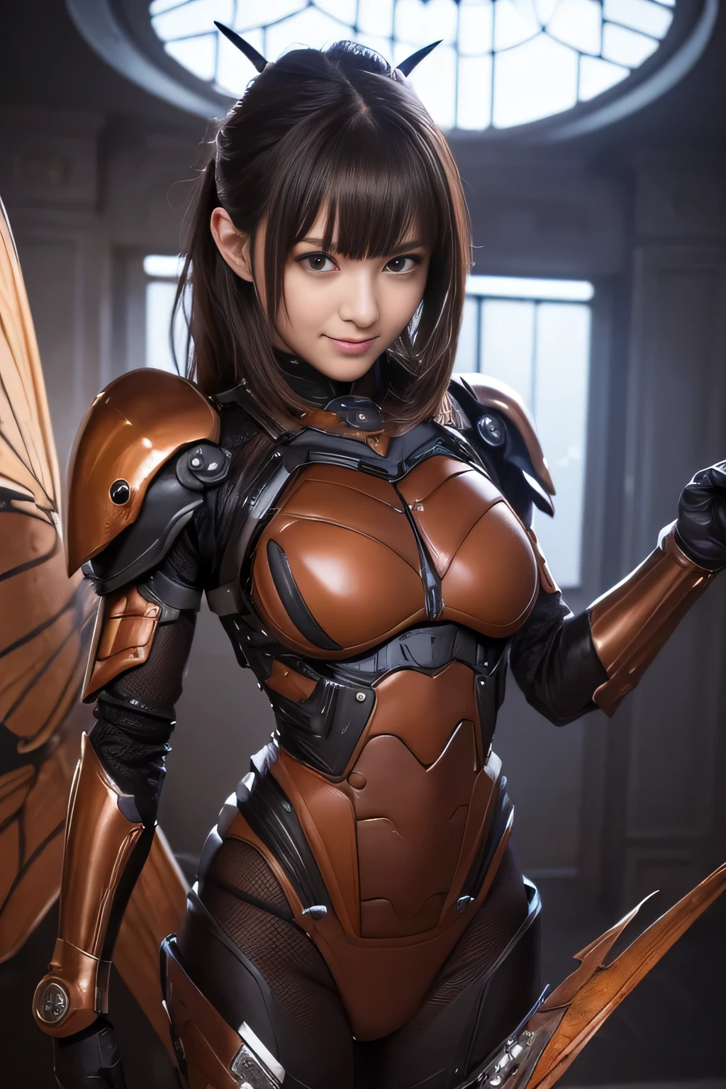 (High resolution,masterpiece,highest quality,Very detailed CG, anime, official art:1.4), realistic, photograph, amazing detail, all complicated, luster and luster,great many layers, 8k wallpaper, 3D, sketch, cute, figure,( alone:1.4), perfect female proportions,villain&#39;s daughter, (Fusion of dark brown cockroach and lady:1.4), (brown cockroach form lady:1.2), (brown cockroach woman:1.2), (Fusion:1.2), (alone:1.4), (evil smile:1.2), muscular, abs, (Cockroach brown exoskeleton bio insect suit:1.4), (Cockroach brown exoskeleton bio insect armor:1.2), (brown transparent cockroach feathers:1.4), (brown cockroach antenna:1.3),