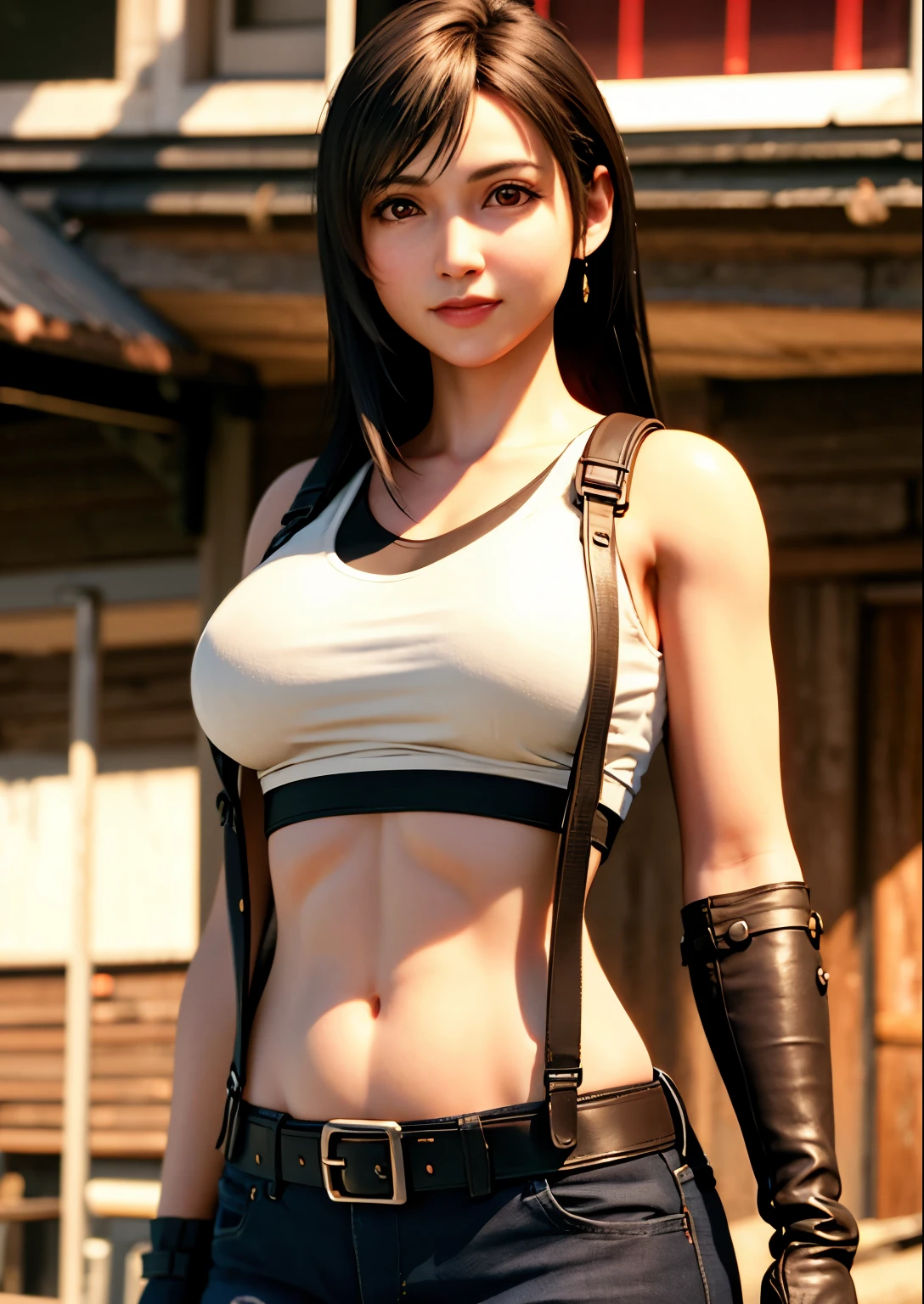 (, blush, 20yo, narrow eyes) (Photorealistic: 1.4), Solo, Top Quality, Very Delicate and Beautiful, High Definition, 1girl, tifa_lockhart, Smile, Cowboy Shot, Suspenders, Low Rise, Mini Skirt, Tank Top, Tense Shirt, Black Hair, Long Hair, Elbow Gloves, Beautiful Detailed Red Eyes, Face Light, Movie Lighting, Navel, ( gigantic breasts: 1.0), old bars, background blurred, fluttering hair,  beautiful woman