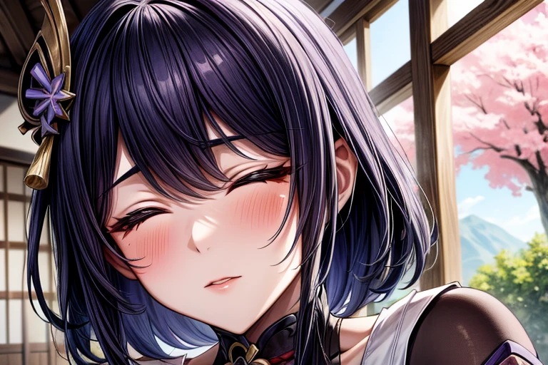 (masterpiece, best quality), 2girls, kissing, kiss, yuri, hugging each other, (upper body:1.3), closed eyes, (naked:1.2), standing, window, cherry blossoms background, sakura, windy, blush, embarrassed, BREAK kujousaradef, kujousararnd, BREAK raidenshogundef, raidenshogunrnd,