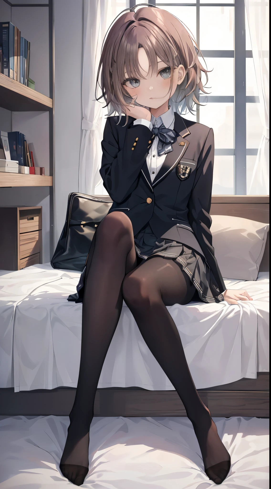 finest, masterpiece, High resolution, (Full body view from head to toe), front, frontやや下からの構図, Symmetrical, 18 year old girl, alone, (whole body from head to toe), small breasts, brown hair, slightly messy hair, long hair, bangs, (black tights), ( (black pantyhose), black pantyhose, sitting with legs spread in the bedroom, (M-shaped legs), show me your white panties, Slender legs, とても美しい18 year old girl, (not wearing shoes), blush, shy big eyes, messy hair, looking at camera, Blazer uniform appearance、Checkered pleated skirt