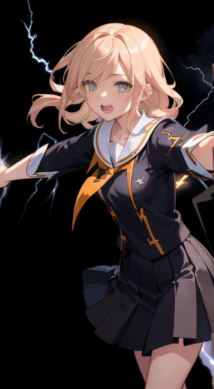 (masterpiece, highest quality, super detailed, High resolution )、school uniform、1girl、dynamic pose、(((lightning、Lightning Effects、black background、Open eyes、grit your teeth、whole body)))