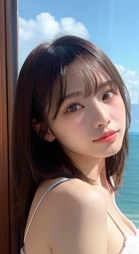 finely, High resolution, high quality、完璧なダイナミックな構figure, beautiful and fine eyes, medium hair, 、natural color lip,Kamimei、Shibuya Ward、20 year old girl、1 person、transparent skin、shining hair、Ocean, 最high quality, figure, super detailed, finely, High resolution, 8K、correct state of the human body、squat、hair flying in the wind、small breasts、camisole、Angle from above、upward glance、side、Embarrassed face