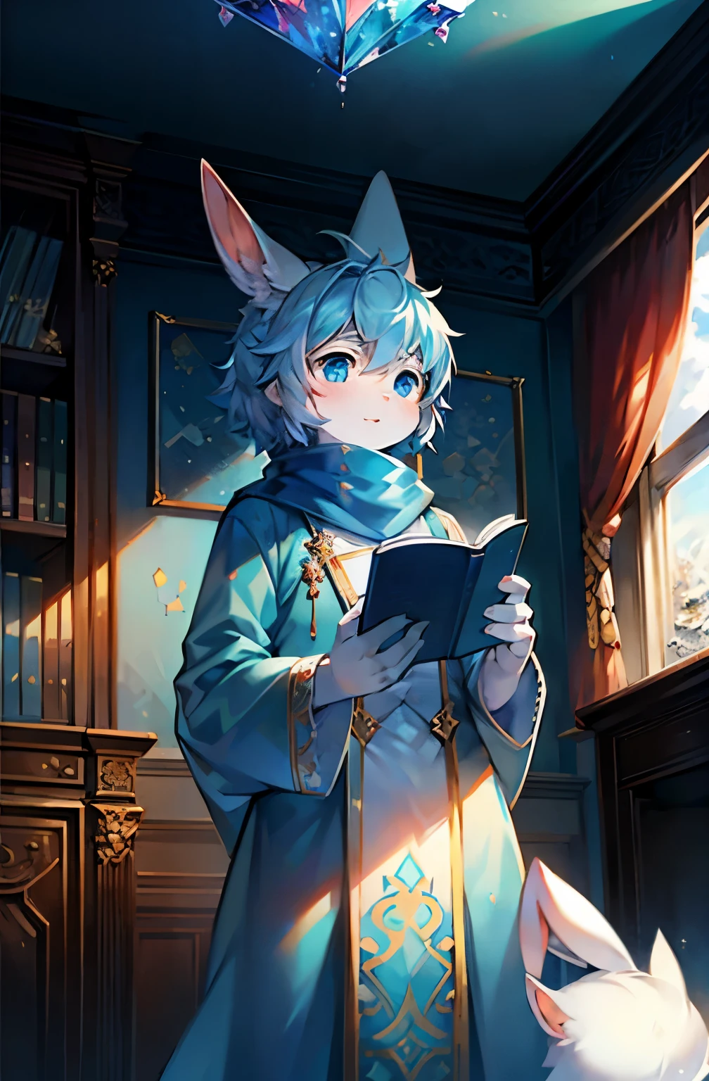 A white rabbit,Shota,Blue robe,snow,clear blue sky,long bunny ears,Crystal pupils,Long blue scarf,Gorgeous background,Ornate robe,look out the window,Sunlight,Gift box,cool color,The map hangs on the wall,bookcase,Holding a letter in his hand,Reading a letter,Sky blue walls,Sky blue wallpaper,Handsome and handsome,world map,hand holding a piece of paper,Sunlight,look out the window,Rabbit ears,There is light in the eyes,happy