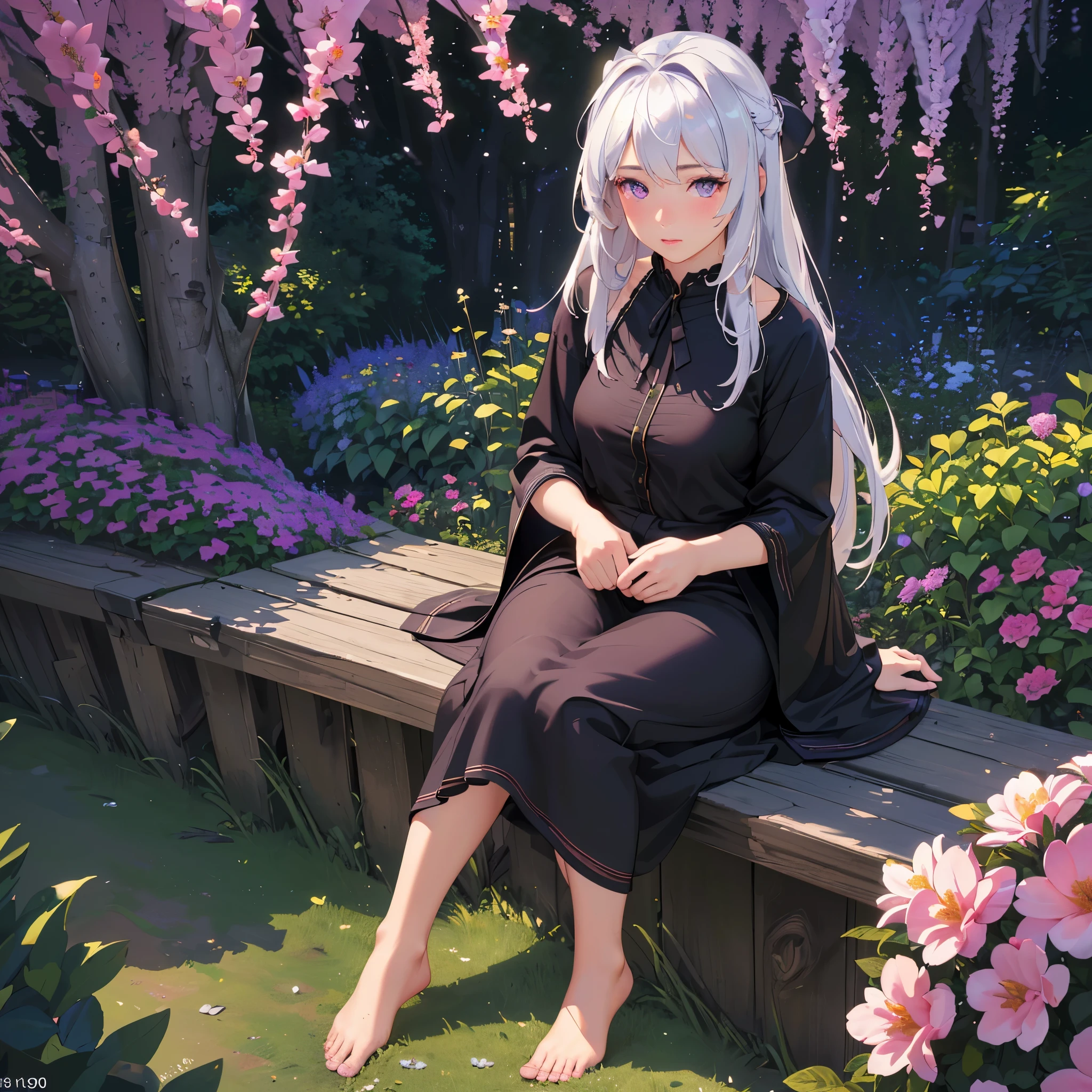 (best quality,4k,8k,highres,masterpiece:1.2),ultra-detailed,(realistic,photorealistic,photo-realistic:1.37),illustration,soft lighting,a girl with white hair,deep purple eyes,glowing eyes,sitting down,barefoot,face blushing,in a garden at night,flowers.