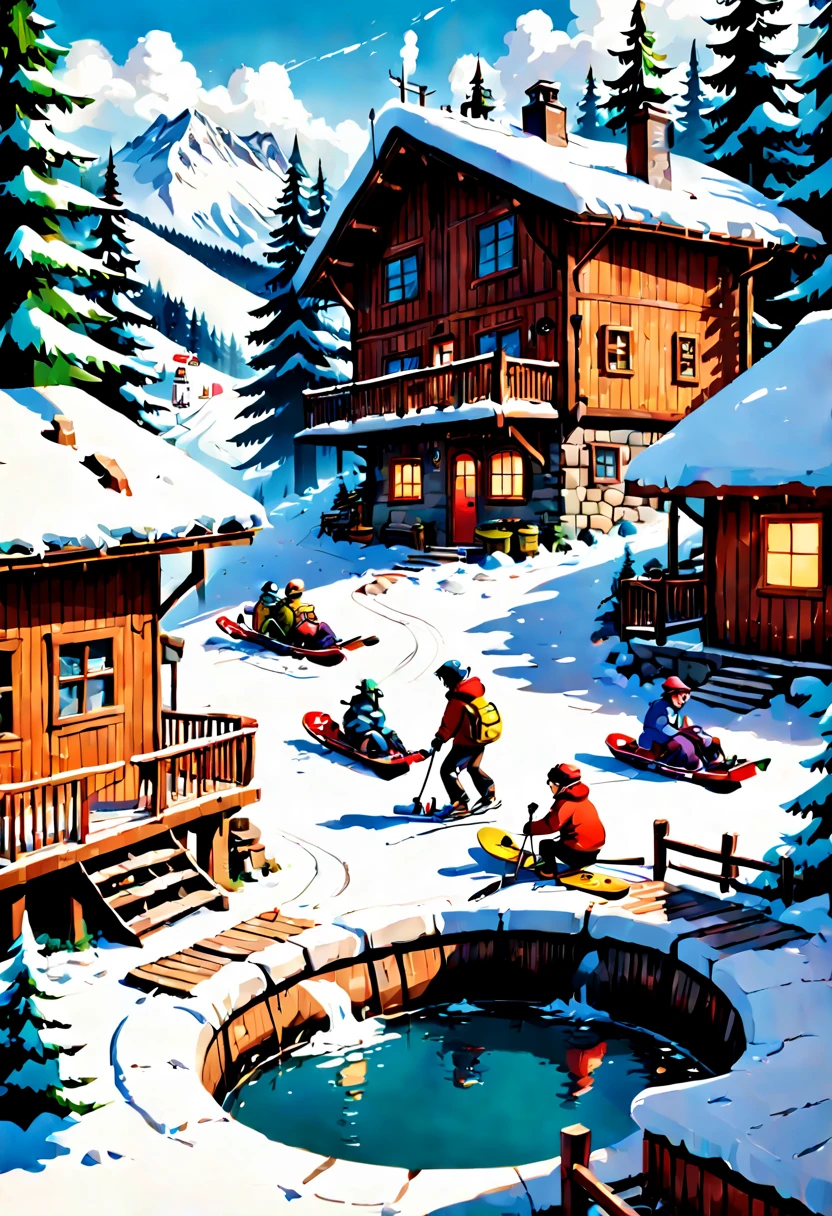 {
  "Type of Image": "Digital Illustration",
  "Subject Description": "A snowy mountain resort during the winter season, with cozy log cabins surrounded by snow-covered pine trees. Guests are seen enjoying the outdoor hot springs with steam rising into the crisp air, and ski slopes are busy with skiers and snowboarders.",
  "Art Styles": "Semi-realistic with a touch of whimsy",
  "Art Inspirations": "Behance, Studio Ghibli",
  "Camera": "medium telephoto lens",
  "Shot": "medium shot",
  "Render Related Information": "8K resolution, detailed textures of snow and wood, ambient light with a focus on warm interiors"
}