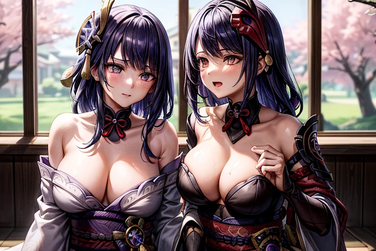 (masterpiece, best quality), 2girls, kissing, kiss, yuri, hugging each other, (upper body:1.3), closed eyes, (naked:1.2), standing, window, cherry blossoms background, sakura, windy, blush, embarrassed, BREAK kujousaradef, kujousararnd, BREAK raidenshogundef, raidenshogunrnd,