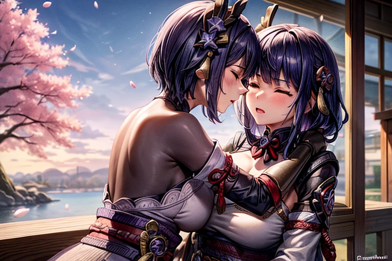 (masterpiece, best quality), 2girls, kissing, kiss, yuri, hugging each other, (upper body:1.3), closed eyes, (naked:1.2), standing, window, cherry blossoms background, sakura, windy, blush, embarrassed, BREAK kujousaradef, kujousararnd, BREAK raidenshogundef, raidenshogunrnd,