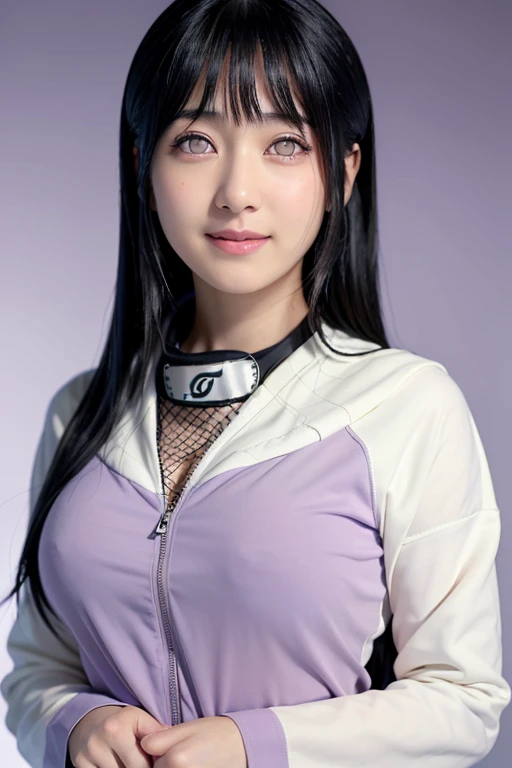 1 girl, Hyuga Hyuga from Anime Naruto, long hair, black hair, White eyes, smile, beautiful, Purple clothes, very big breasts, realistic clothes, Clothes details, background outdoors, ultra detail, (highest quality,super detailed,realistic:1.37),Naruto's Hinata,beautiful and fine eyes,Soft facial features,porcelain skin,長い絹のようなblack hair,tightly tied forehead protector,優しいsmile,calm expression,casual clothes,white and lavender color palette,Subtle shading and highlight effects,Dynamic and vivid background,studio lighting,artistic rendering style,Bright colors,