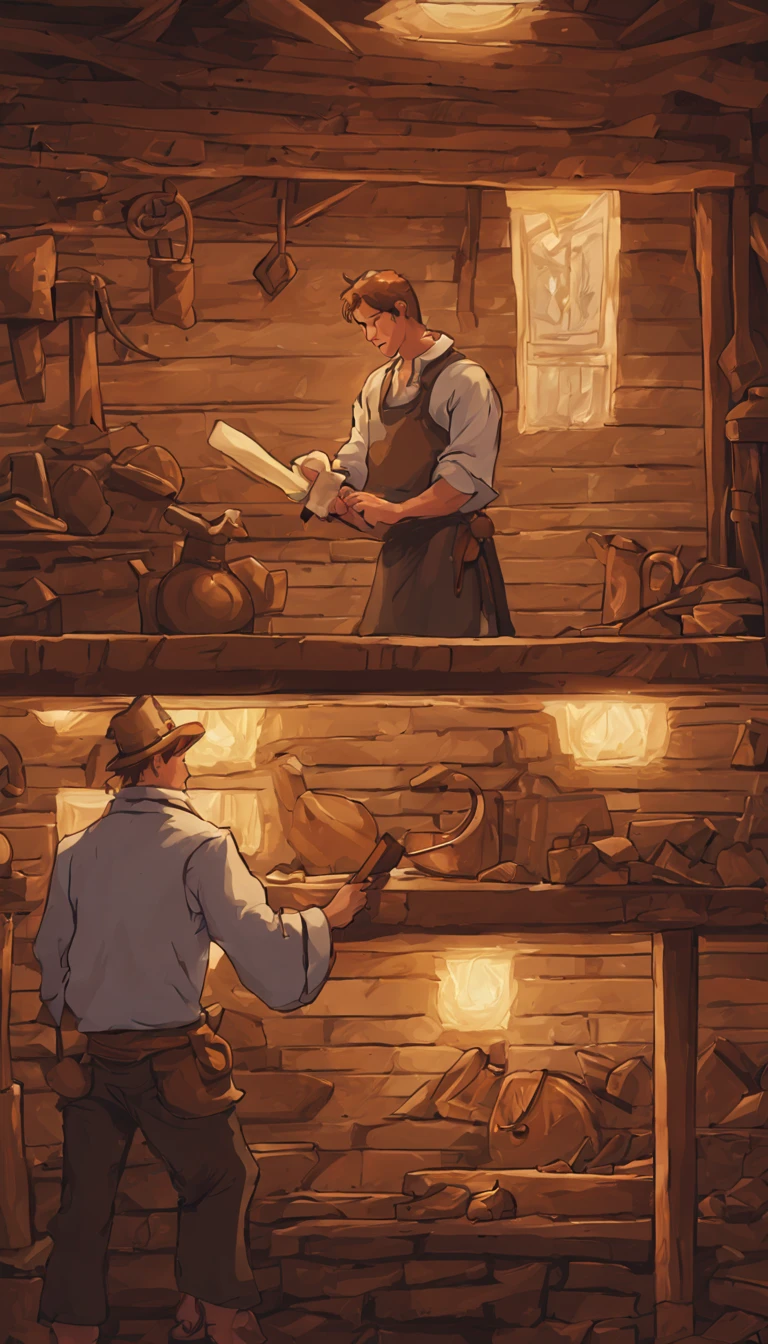 **Lucas Discovers the Prophecy:**
- Image: Lucas in his blacksmith shop, stumbling upon an ancient scroll revealing the prophecy of the Eternal Gem.