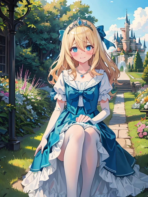photo realistic, (masterpiece,best quality:1.4),(8k,raw photo,photo realistic:1.2), detailed skin, detailed face,1girl, Princess, cute face, ,  Not Safe for Work, (raw photo, photo realistic: 1.2), 
(((upset hair))), blue eyes, (blonde hair), light smile, shiny wavy hair, sidelock, curtsey, (ballgown), Princess doress, shortsleeves, a smile, red blush, Doress, Hair Between Eyes, White Panties Hose, ((Blue the Bow)), Puffy Sleeves, Bangss, (tiara), (necklace), (bridal gauntlets), foot out of frame, frilld, : q, masterpiece, top-quality, not safe for work,  14-yo, braided bangs,
yumekawa,yumekawaii,pastel color,(wonderland garden:1.3),rainbow waterfall,dripping ink,imagination,(Castle:1.4),