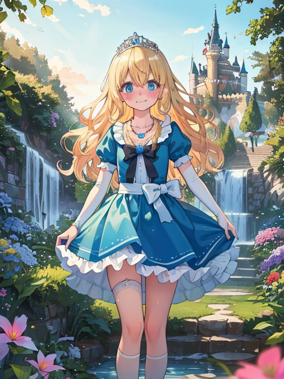 photo realistic, (masterpiece,best quality:1.4),(8k,raw photo,photo realistic:1.2), detailed skin, detailed face,1girl, Princess, cute face, , Not Safe for Work, (raw photo, photo realistic: 1.2),
(((upset hair))), blue eyes, (blonde hair), light smile, shiny wavy hair, sidelock, curtsey, (ballgown), Princess doress, shortsleeves, a smile, red blush, Doress, Hair Between Eyes, White Panties Hose, ((Blue the Bow)), Puffy Sleeves, Bangss, (tiara), (necklace), (bridal gauntlets), foot out of frame, frilld, : q, masterpiece, top-quality, not safe for work, 14-yo, braided bangs,
yumekawa,yumekawaii,pastel color,(wonderland garden:1.3),rainbow waterfall,dripping ink,imagination,(Castle:1.4),