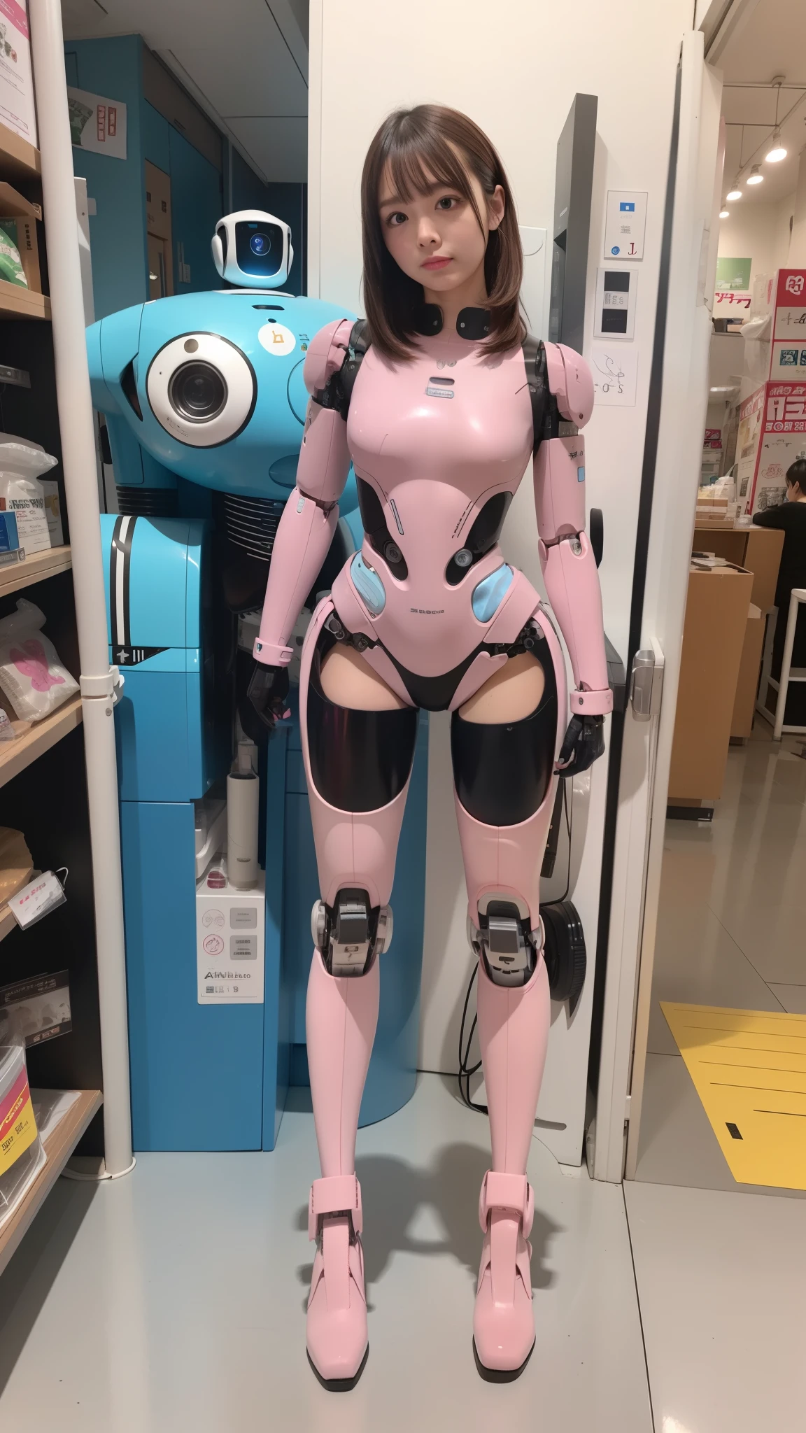 cyborg, pink there, Silver, Metallic body, Robot Parts, Metal Parts, Super Detailed Face, Super well-formed face, of the highest quality, a small face, a small head, full body, Brown hair, Slender body, Camera gaze, Internal Mechanical Exposure, Idol, Well-proportioned body, gravure, Photo session, Akihabara, Moe Pose, Standing with legs open, Model body type, sad, Embarrassing,(Perfect Robot Girl),(Perfect machine body)