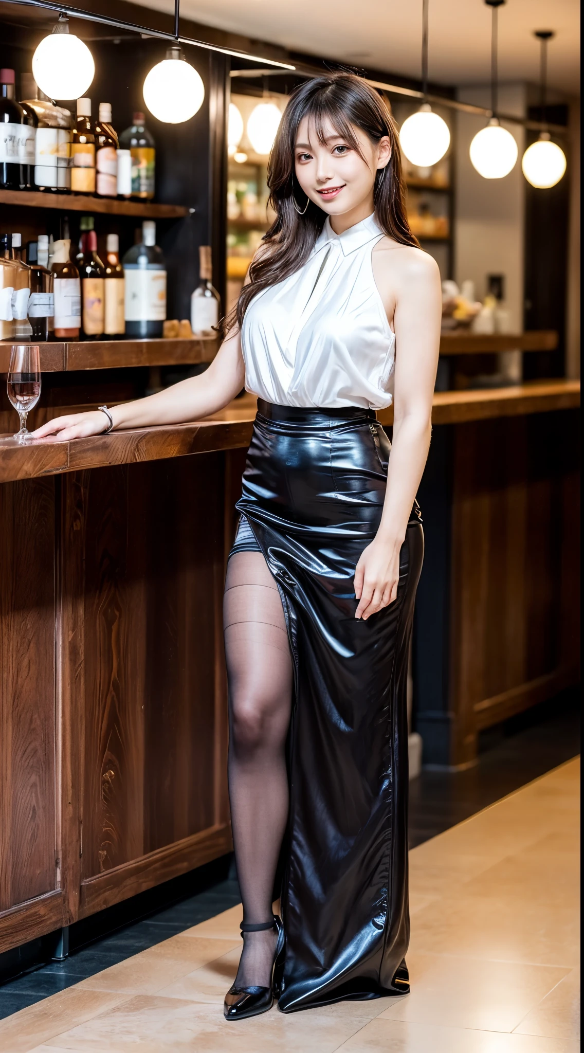 Ulchan-6500-v1.1, (RAW photo:1.2), (Photoreal), (genuine:1.4), upper class bewitching woman、１mature woman、(luxury sleeveless silk blouse:1.2), (super realistic pantyhose:1.2), (Long skirt in satin fabric:1.2)、small luxury lace panties、Pantyhose Focus、Sit at the bar counter、cross your legs、an inviting look、game_ticker, huge file size, High resolution, very detailed, highest quality, [masterpiece:1.6], enlightenment, very detailed,  finely, highest quality, 8k wallpaper, movie lighting, 1 mature woman, 42 years old, perfect body shape, Sareme, beautiful big eyes、Pieck finger, ((muste piece)), highest quality, 1 girl, eye shadow, portrait, ((full body shot:1.4))、(very affectionate smile:1.2)、realistic skin texture、shiny skin、exposed thighs!!!