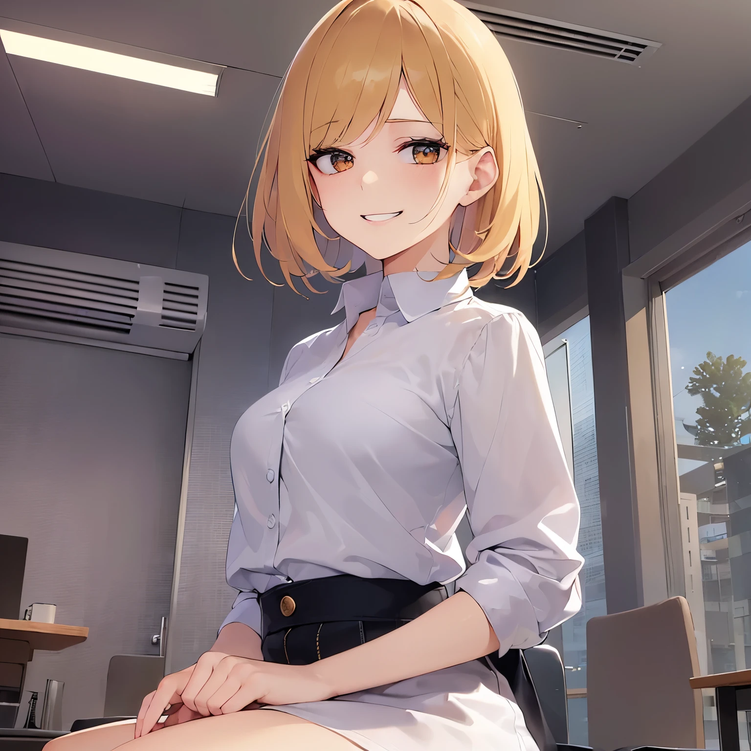 masterpiece, best quality, detailed, 1girl, (beige short hair:1.1), light green eyes, black tailored jacket, white v-neck t-shirt, straight pants, looking down on the viewer, blush, smug, (handjob:1.4), 1boy, hetero, cum out,