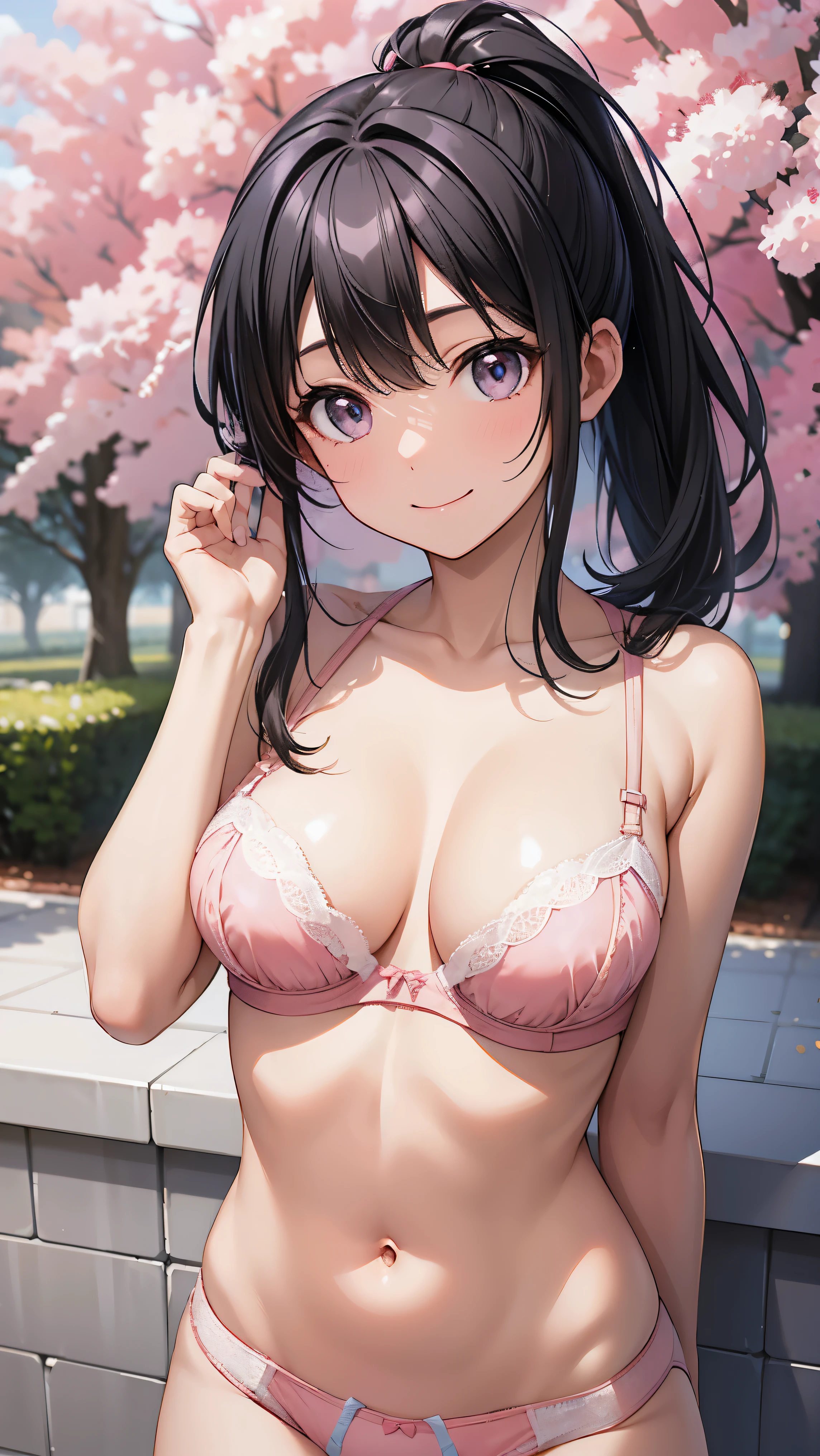 pieces fly、highest quality、High resolution、nffsw、perfect pixel、1 girl、cute、perfect body、anatomically correct、beautiful eyelashes, realistic eyes、smile、((Shiny pink bra))、((Glossy pink panties))、wearing only underwear、smooth texture:0.75、outdoor blue sky、I can see your pants、Bra visible、Overall bright、cinematic light、black hair、ponytail、brown eyes