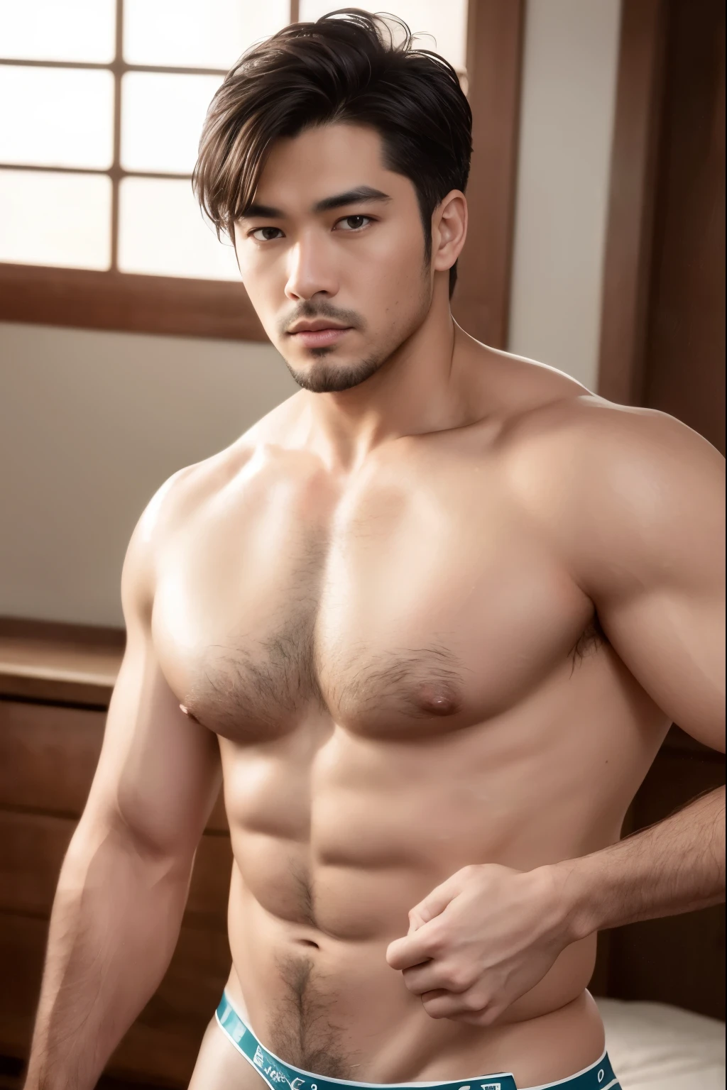 (RAW photo, best quality), (realistic, photo-realistic:1.3),(Asian),masterpiece, an extremely manly and masculine, extremely detailed, CG, unity , 2k wallpaper, Amazing, finely detail, extremely detailed CG unity 8k wallpaper, huge filesize, ultra-detailed, highres, absurdres, soft light, pietroboselli person, tan skin, detailed fingers, extremely detailed eyes and face, beautiful detailed nose, beautiful detailed eyes, light on face, looking at viewer, (1man, mature face), realistic face, realistic body, underwear, shirtless, big bulge on underwear, big rounded ass