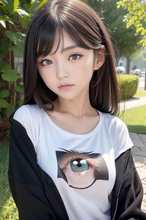 black eyes, open your eyes wide, girl with dark eyes, Pupils open, light in the eyes, highest quality, realistic, 8K, High resolution, full color, 1 girl, woman, 15 years old woman, 詳細な美しいface,Beautiful skin,Fair skin,looking at the viewer:1.8, (1 girl eyes looking at the viewer:1.55), face, T-shirt, slender