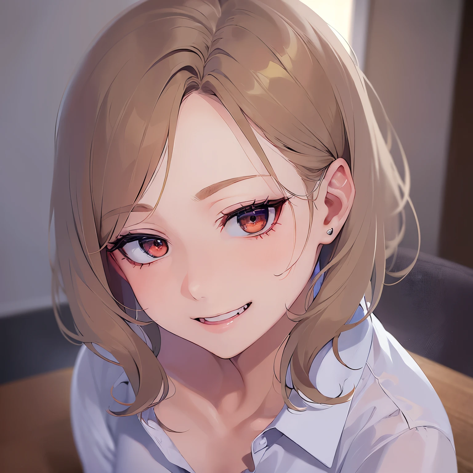 (evil smile:1.5), forehead , Realistic, real person, RAW photo, photorealistic, portrait photography, shiny skin, japanese idol, 25 year old woman、(bob cut hair) and (blonde hair) and (brown eyes), (wearing a white shirt:1.5)、The background is a conference room、Alone、sitting、jitome