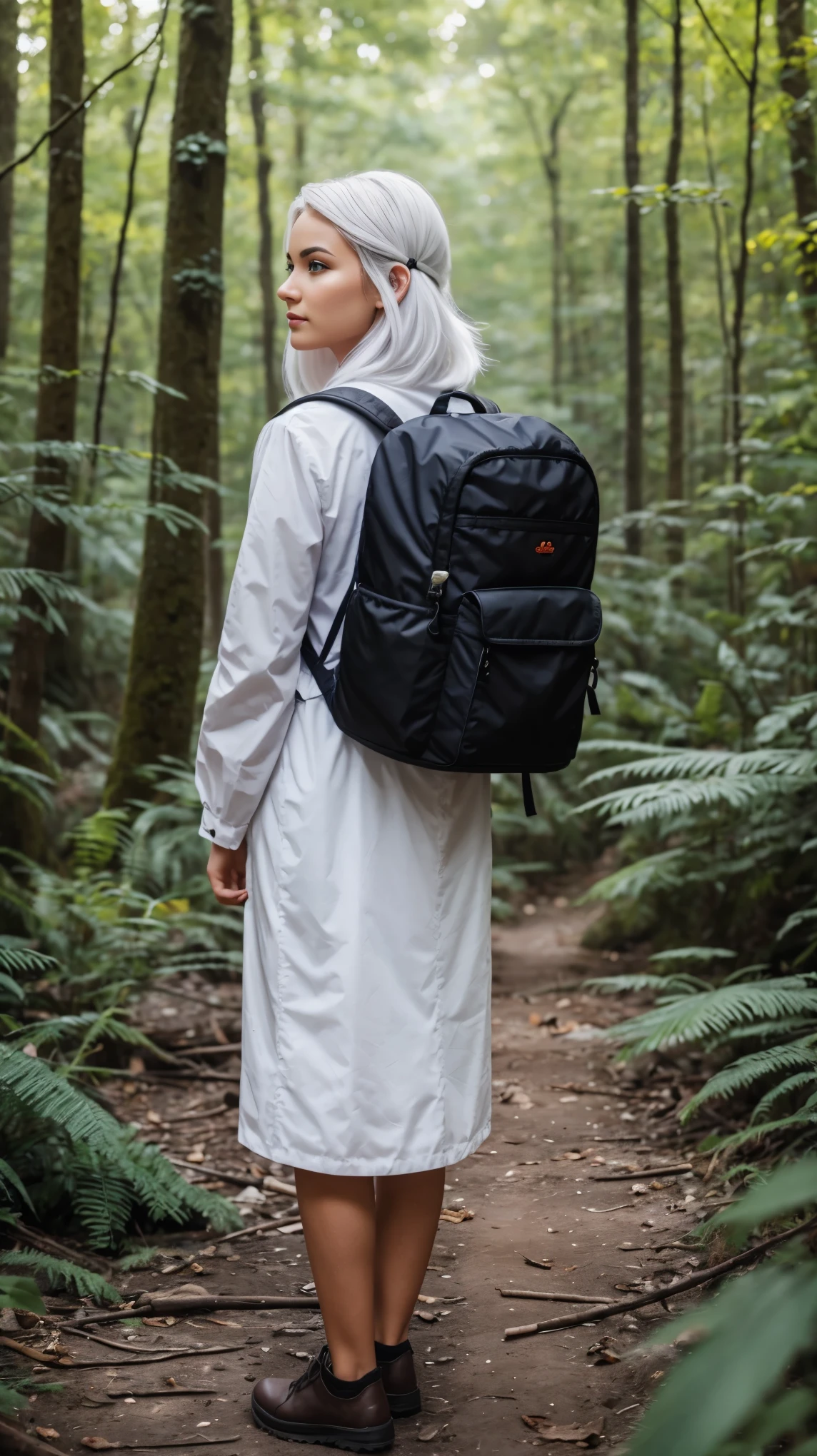 A woman white hair wearing a ransel on the forest 
