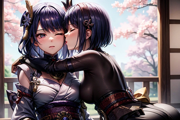 (masterpiece, best quality), 2girls, kissing, kiss, yuri, hugging each other, (upper body:1.3), closed eyes, (naked:1.2), window, cherry blossoms background, sakura, windy, blush, embarrassed, BREAK kujousaradef, kujousararnd, BREAK raidenshogundef, raidenshogunrnd,
