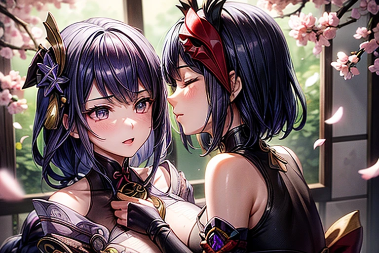 (masterpiece, best quality), 2girls, kissing, kiss, yuri, hugging each other, (upper body:1.3), closed eyes, (naked:1.2), window, cherry blossoms background, sakura, windy, blush, embarrassed, BREAK kujousaradef, kujousararnd, BREAK raidenshogundef, raidenshogunrnd,