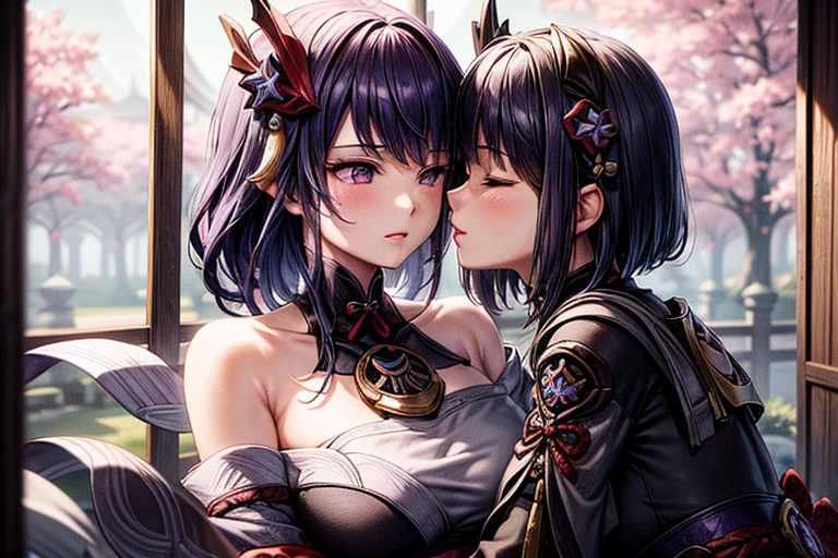 (masterpiece, best quality), 2girls, kissing, kiss, yuri, hugging each other, (upper body:1.3), closed eyes, (naked:1.2), window, cherry blossoms background, sakura, windy, blush, embarrassed, BREAK kujousaradef, kujousararnd, BREAK raidenshogundef, raidenshogunrnd,