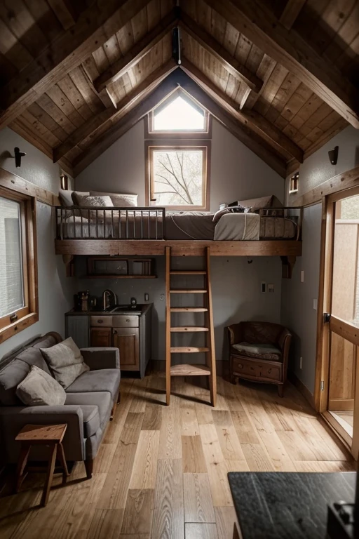2 floor tiny house design, very tiny loft, a living room with a couch and a staircase going up to the bed above, a digital rendering by Elsie Vera Cole, trending on pinterest, arts and crafts movement, slatestone, wood natural, rich color palette,  grey stone floor tiles, whimsical,enchanting, snow blizzard snowfall outside, shot with Hasselblad X1D II 50C, style raw - 16-bit Raw, dynamic range, stark and unfiltered, filmic, booru, cinematic, professional photography, photorealism, realistic, 8K, UHD 