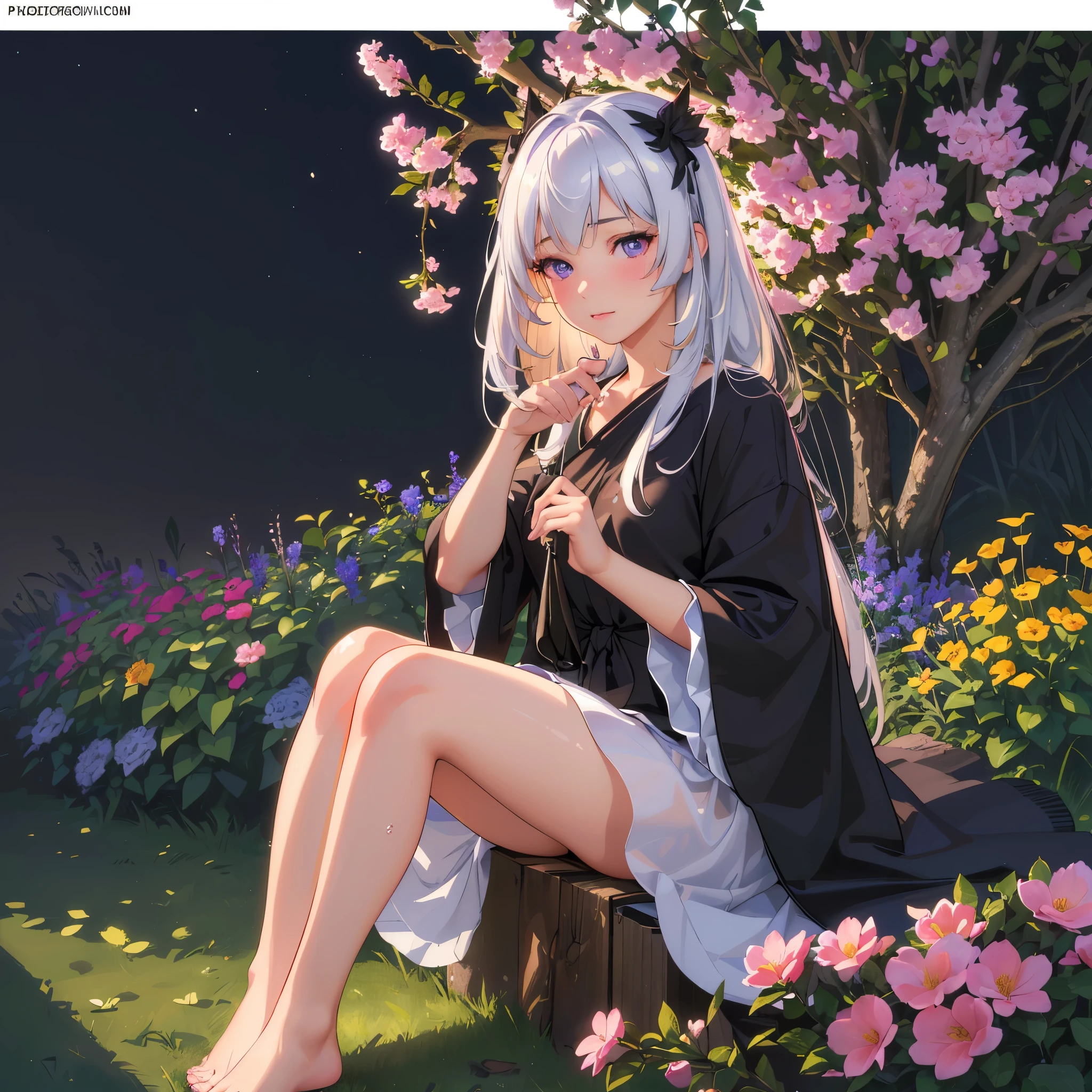 (best quality,4k,8k,highres,masterpiece:1.2),ultra-detailed,(realistic,photorealistic,photo-realistic:1.37),illustration,soft lighting,a girl with white hair,deep purple eyes,glowing eyes,sitting down,barefoot,face blushing,in a garden at night,flowers.