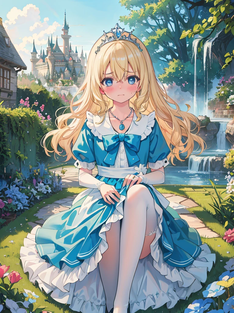 photo realistic, (masterpiece,best quality:1.4),(8k,raw photo,photo realistic:1.2), detailed skin, detailed face,1girl, Princess, cute face, , Not Safe for Work, (raw photo, photo realistic: 1.2),
(((upset hairstyle))), blue eyes, (blonde hair), light smile, shiny wavy hair, sidelock, curtsey, (ballgown), Princess doress, shortsleeves, a smile, red blush, Doress, Hair Between Eyes, White Panties Hose, ((Blue the Bow)), Puffy Sleeves, Bangss, (tiara), (necklace), (bridal gauntlets), foot out of frame, frilld, : q, masterpiece, top-quality, not safe for work, 14-yo, braided bangs,
yumekawa,yumekawaii,pastel color,(wonderland garden:1.3),rainbow waterfall,dripping ink,imagination,(Castle:1.4),