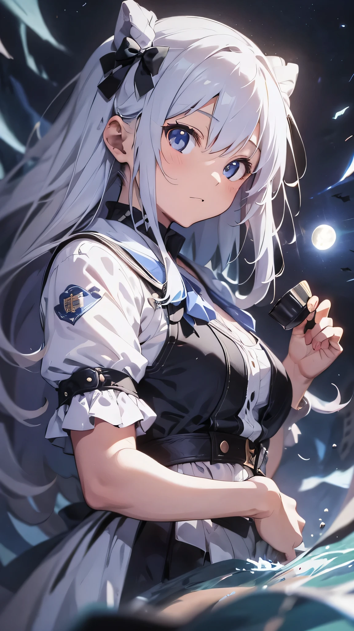 最high quality、best image quality、masterpiece、age girl((18-year-old、 By becoming、vest bust、medium bust,wide open breast tea、black eye, gray hair、long hair、thin,highest valley、Love of the Universe、Cosmic dress)),high quality、beautiful art、background((Lunar surface、Mysterious space))debris flies、Depth of written boundary、movie、visual art、perfect art、8K,genuine