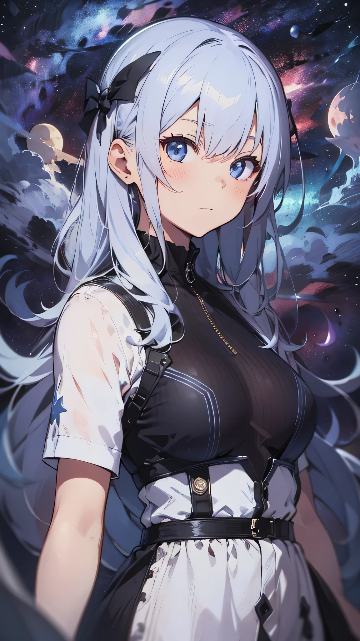最high quality、best image quality、masterpiece、teenage girl((18-year-old、 By becoming、vest bust、medium bust,wide open breast tea、black eye, gray hair、long hair、thin,highest valley、Love of the Universe、Cosmic dress)),high quality、beautiful art、background((Lunar surface、Mysterious space))debris flies、Depth of written boundary、movie、visual art、perfect art、8K,genuine