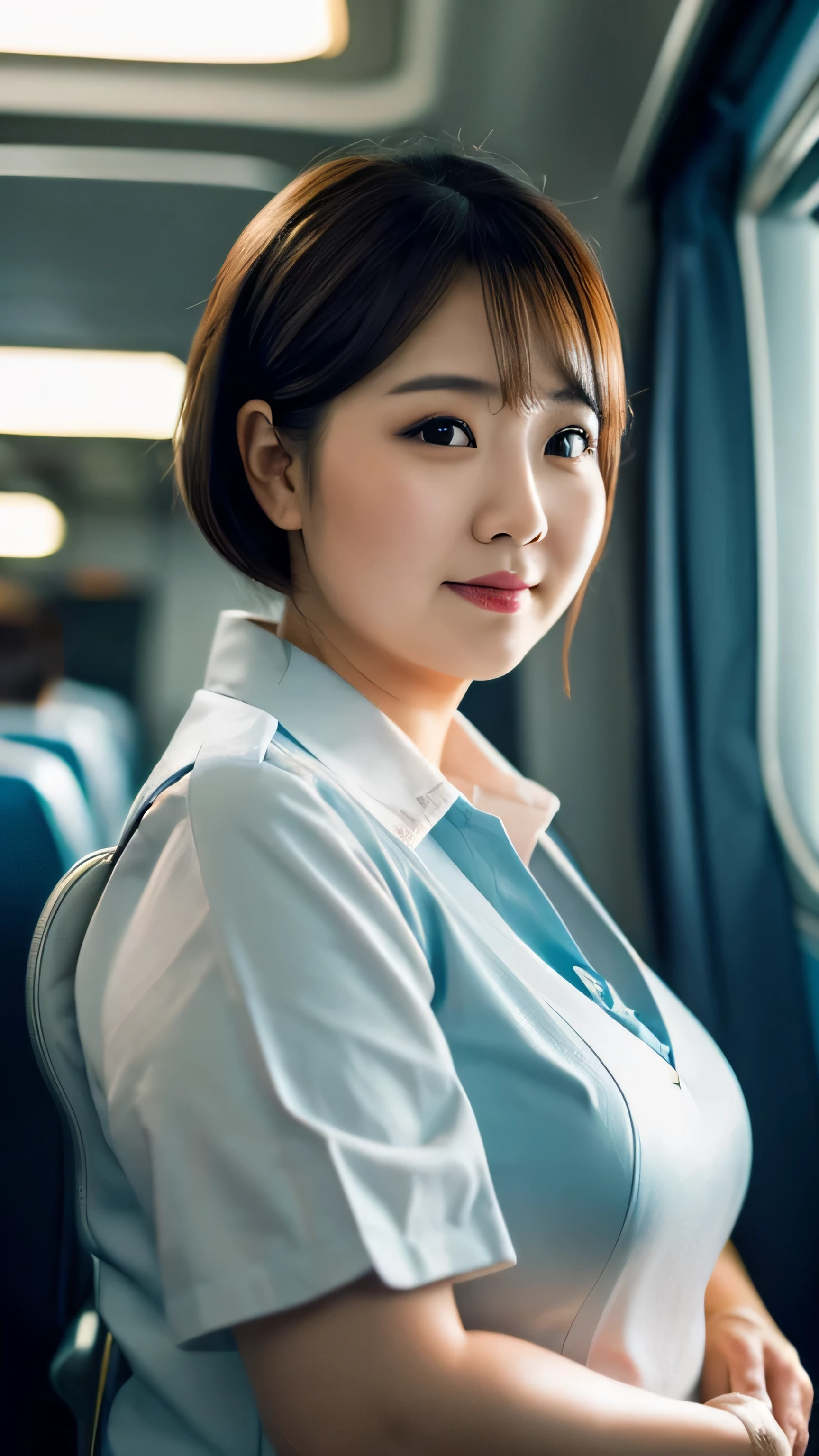 1 female, Overweight, flight attendant, extremely fat, Chubby, Japanese, 4K, High resolution, masterpiece, highest quality, fine skin, sharp focus, (cinematic lighting)