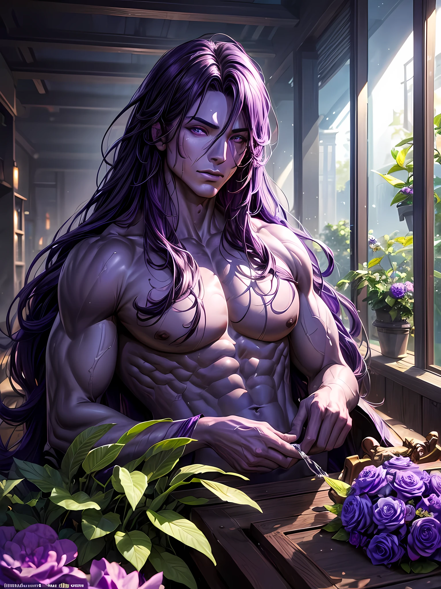 Top quality, Photorealistic, 8K, High Definition, Unity 8K wallpaper, high res, ultra sharp, masterpiece, ((masterpiece)), best quality, expressive eyes, perfect face, Super eyes, masterpiece, highly detailed exquisite character art, epic fantasy digital art style, detailed digital 3D fantasy art, ultra-realistic, male, bodybuilder male humanoid, humanoid flower, humanoid blooming out of a large rose flower, big pecs, butt, (((Purple Skin))), dark purple long hair, neon green eyes, bloom, handsome humanoid male, sexy humanoid male, injected flowers, infection, humanoid male bodybuilder attractive, spreading his pheromones, sitting legs spread, flower clothing, plants, pot plants, blooming, neon god rays, blooming out of a plant, bulge, wet body, sweaty, sweaty body, oily body, oily, black veins
