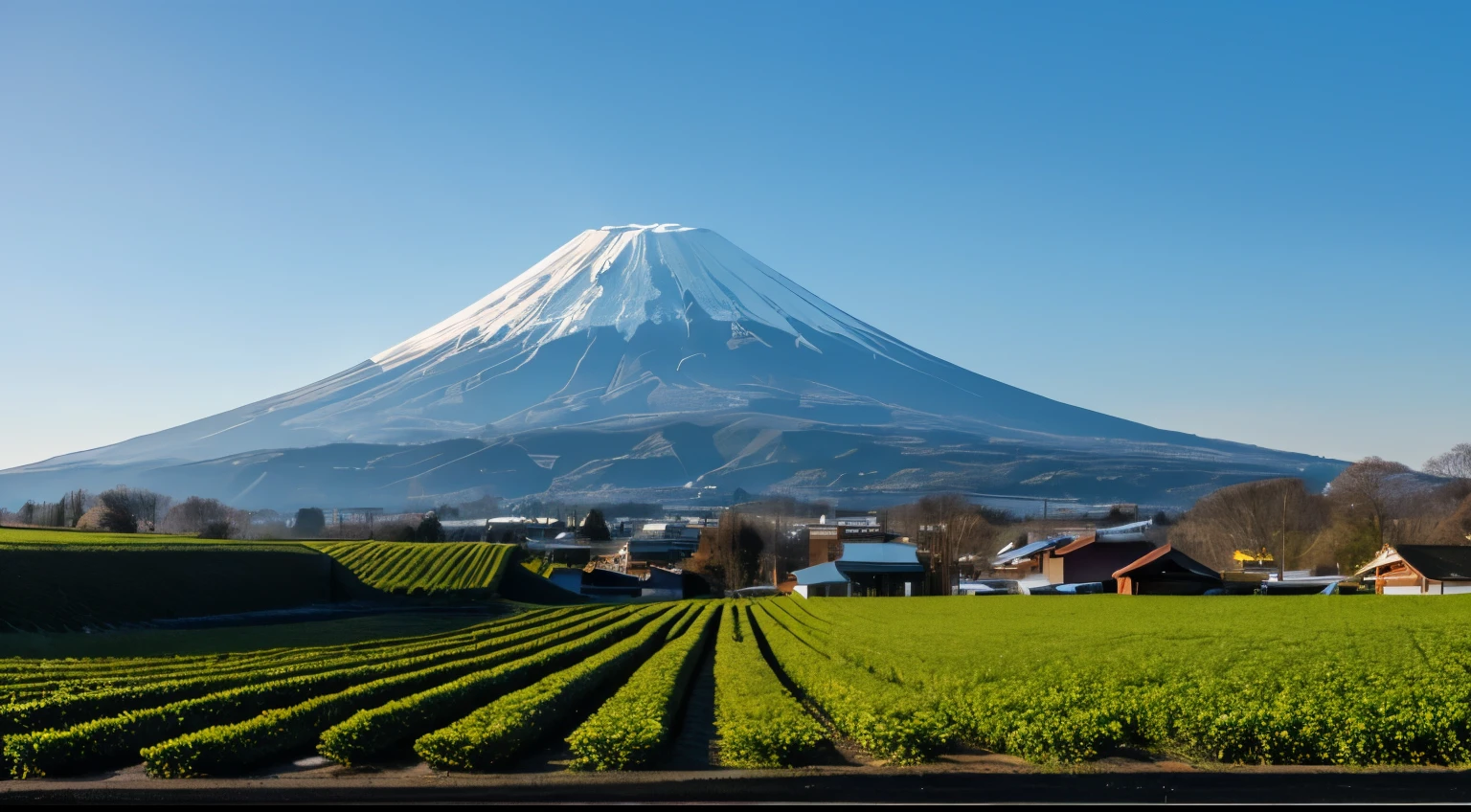 winter、snow scene、A tea plantation spread out in the foreground、Mt. Fuji can be seen in the background