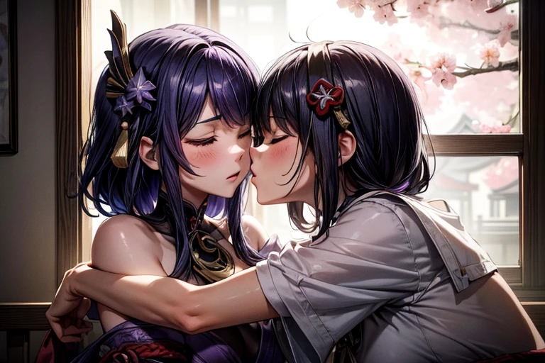 (masterpiece, best quality), 2girls, kissing, kiss, yuri, hugging each other, (upper body:1.3), closed eyes, (naked:1.2), window, cherry blossoms background, sakura, windy, blush, embarrassed, BREAK kujousaradef, kujousararnd, BREAK raidenshogundef, raidenshogunrnd,