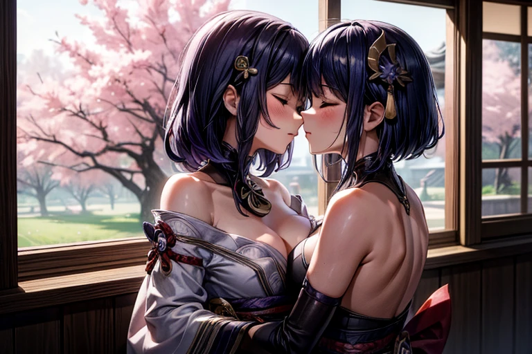 (masterpiece, best quality), 2girls, kissing, kiss, yuri, hugging each other, (upper body:1.3), closed eyes, (naked:1.2), window, cherry blossoms background, sakura, windy, blush, embarrassed, BREAK kujousaradef, kujousararnd, BREAK raidenshogundef, raidenshogunrnd,