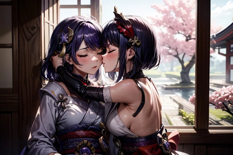 (masterpiece, best quality), 2girls, kissing, kiss, yuri, hugging each other, (upper body:1.3), closed eyes, (naked:1.2), window, cherry blossoms background, sakura, windy, blush, embarrassed, BREAK kujousaradef, kujousararnd, BREAK raidenshogundef, raidenshogunrnd,
