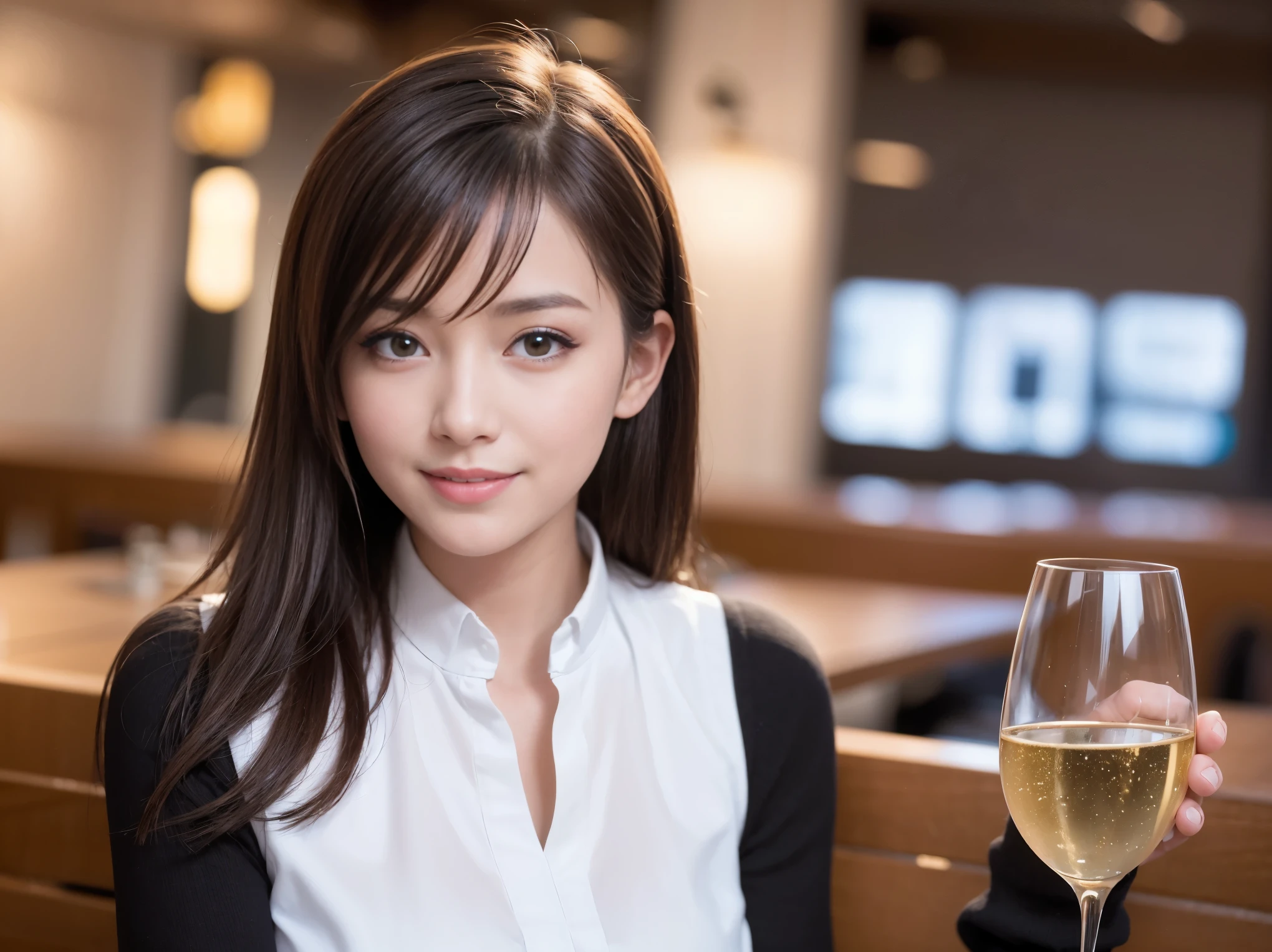 64k, UHD, highest quality, masterpiece: 1.2), (realistic, photorealistic: 1.37), Super detailed, slimな美女3名, (slimフェイス),Happy、 最高なsmile、Fox Face、Berry Short、(because I'thin), (brown hair), (shortcut), long sleeve shirt、winter fashion、Colombia、Brazilian、Japanese、Dutch、German、Portuguese、Belgian、Italian、french,champagne、Sparkling wine、 (gushing), (slimボティ), (brown hair), (shortcut), Neat beauty、cheeks blush a little, (35 years old), 38 years old, alone, A beautiful and detailed night view spreads out outside the window...., restaurant, wine glassが座っている, At night, in a prominent place (from the Upper body) nova frog style, actress, model, Upper body, White wine, slim, wine glass, Very beautiful night view, wine glass Put in the Middle, Happy smile, (smile: 1.15),