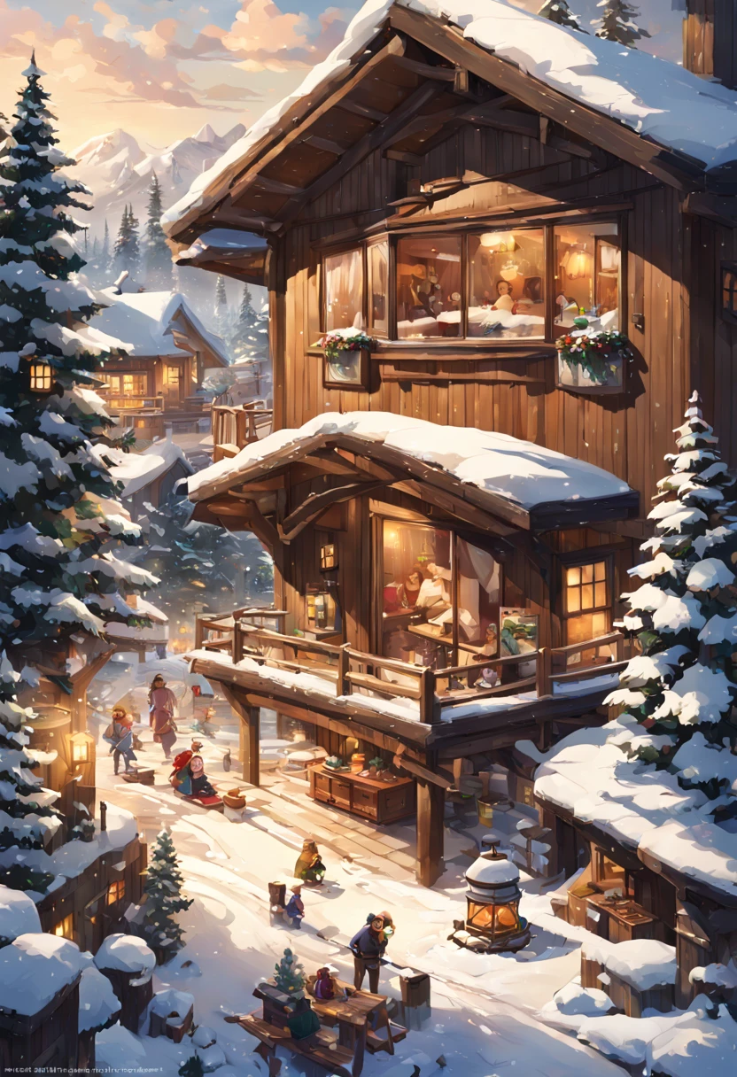 {
  "Type of Image": "Digital Illustration",
  "Subject Description": "A snowy mountain resort during the winter season, with cozy log cabins surrounded by snow-covered pine trees. Guests are seen enjoying the outdoor hot springs with steam rising into the crisp air, and ski slopes are busy with skiers and snowboarders.",
  "Art Styles": "Semi-realistic with a touch of whimsy",
  "Art Inspirations": "Behance, Studio Ghibli",
  "Camera": "medium telephoto lens",
  "Shot": "medium shot",
  "Render Related Information": "8K resolution, detailed textures of snow and wood, ambient light with a focus on warm interiors"
}