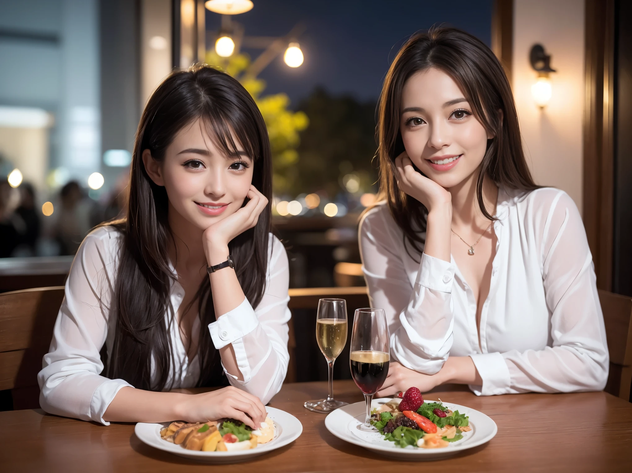 64k, UHD, highest quality, masterpiece: 1.2), (realistic, photorealistic: 1.37), Super detailed, slimな美女3名, (slimフェイス),Happy、 最高なsmile、Fox face、Berry Short、(Because I'm slender), (brown hair), (shortcut), long sleeve shirt、winter fashion、Colombian、Brazilian、Japanese、Dutch、German、Portuguese、Belgian、Italian、French,champagne、Sparkling wine、 (burst into laughter), (slimボティ), (brown hair), (short cut), Neat beauty、cheeks blush a little, (35 years old), 38 years old, alone, A beautiful and detailed night view spreads out outside the window.., restaurant, wine glassが座っている, At night, in a prominent place (from the Upper body) nova frog style, actress, model, Upper body, White wine, slim, wine glass, Super Clean Night View, wine glass Put in the Middle, Happy smile, (smile: 1.15),