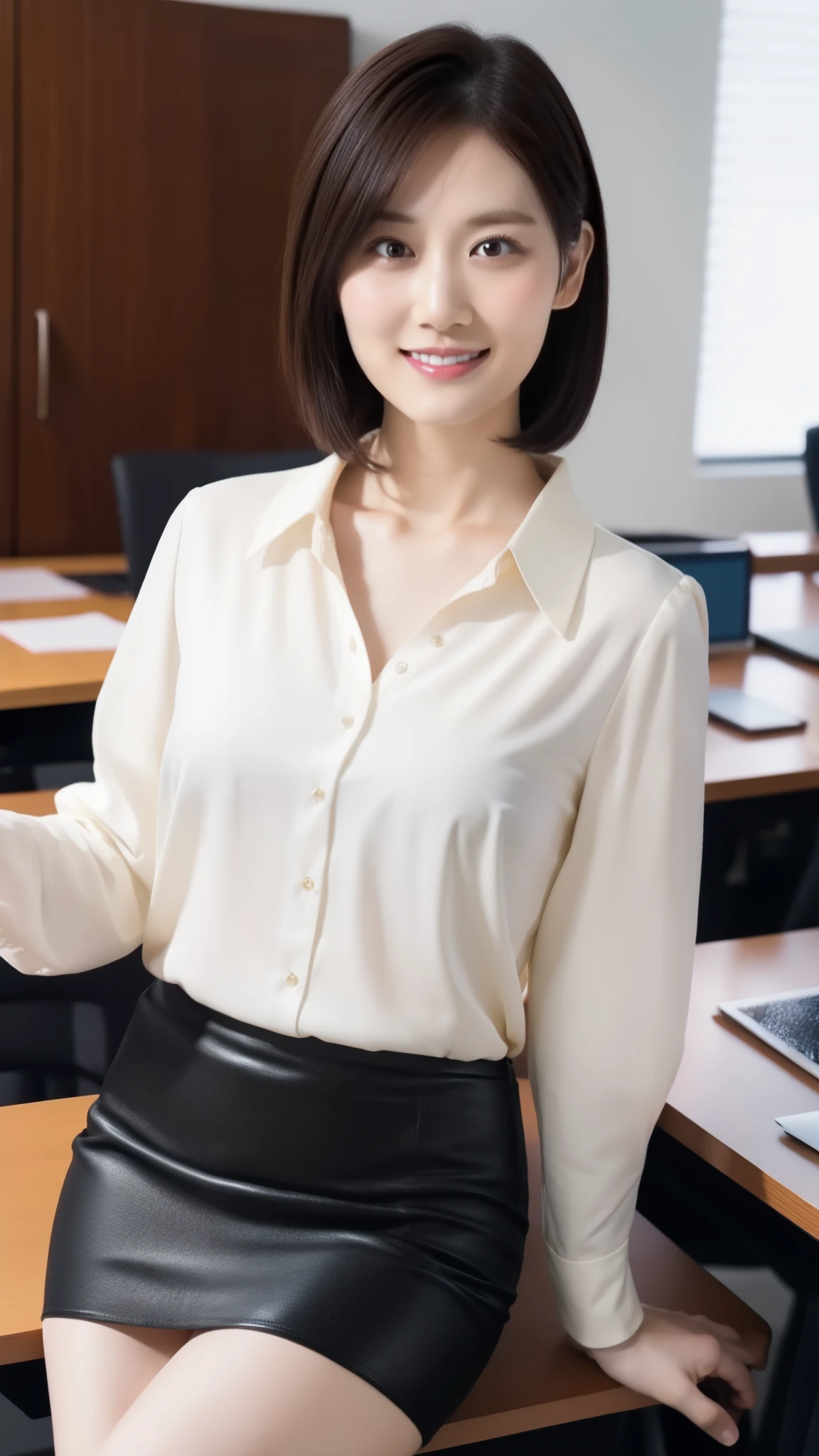 ((masterpiece))、((highest quality))、picture、reality、High level image quality、super detailed、Unmarried women、30 generations、delicate features、short hair、Realistic background and accessories、firm, small breasts、sexy smile、office of、conference room、wide shot、Loose black open blouse、Tight Skirt、Sit on a desk and cross your legs、Backlight、((Mizuki Yamashita))