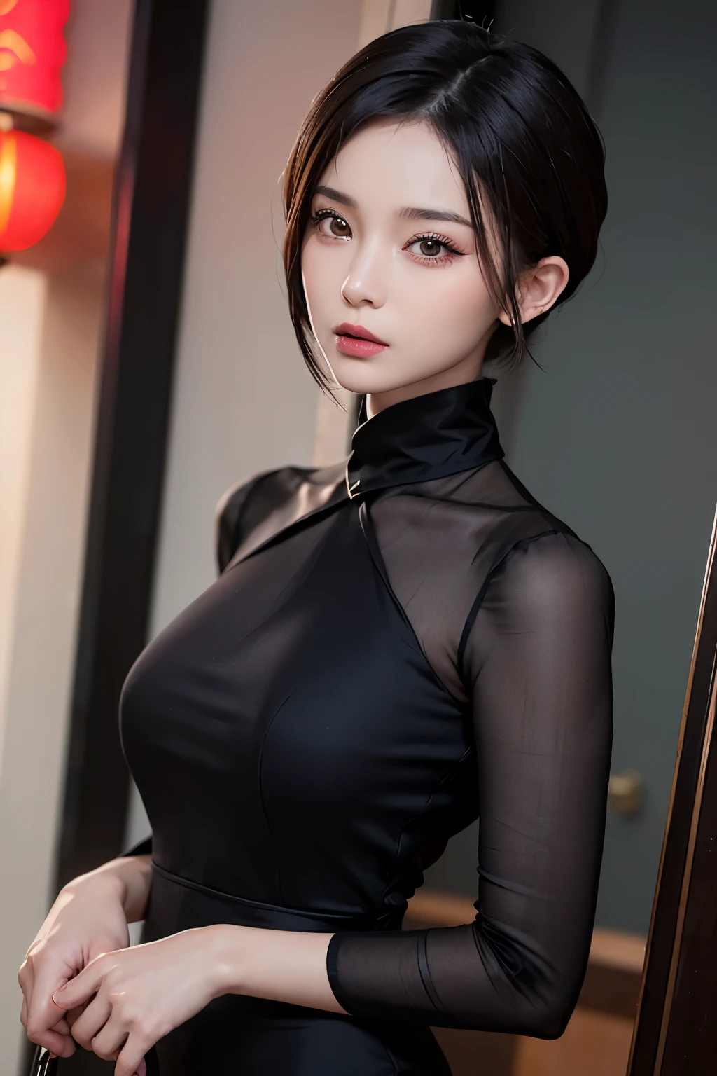 Chinese cool woman with short hair -- version 2.0:
A Chinese woman exudes an air of sophistication and coolness with her short, sleek hairstyle. Her hair, a glossy black oblong bob, is styled in a way that accentuates her angular jawline and high cheekbones. The woman's face is flawlessly made up, with subtle pink blush on her cheeks, thin, defined eyebrows, and a subtle sheen of lip gloss on her lips. Her eyes, dark and almond-shaped, are framed by thick, bold eyeliner and long, flawless lashes.
She wears a contemporary Chinese-style outfit, consisting of a