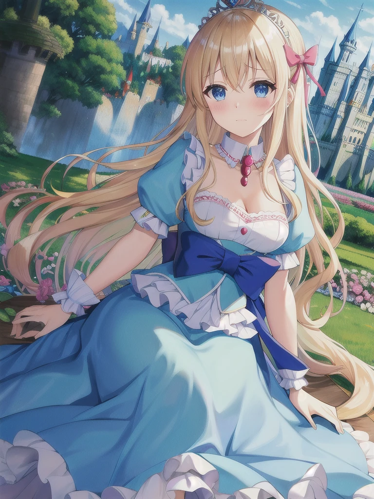 photo realistic, (masterpiece,best quality:1.4),(8k,raw photo,photo realistic:1.2), detailed skin, detailed face,1girl, Princess, cute face, , Not Safe for Work, (raw photo, photo realistic: 1.2), (((upset hairstyle))), blue eyes, (blonde hair), light smile, shiny wavy hair, sidelock, curtsey, (ballgown), Princess doress, shortsleeves, a smile, red blush, Doress, Hair Between Eyes, White Panties Hose, ((Blue the Bow)), Puffy Sleeves, Bangss, (tiara), (necklace), (bridal gauntlets), foot out of frame, frilld, : q, masterpiece, top-quality, not safe for work, 14-yo, braided bangs, yumekawa,yumekawaii,pastel color,(wonderland garden:1.3),rainbow waterfall,dripping ink,imagination,(Castle:1.4),