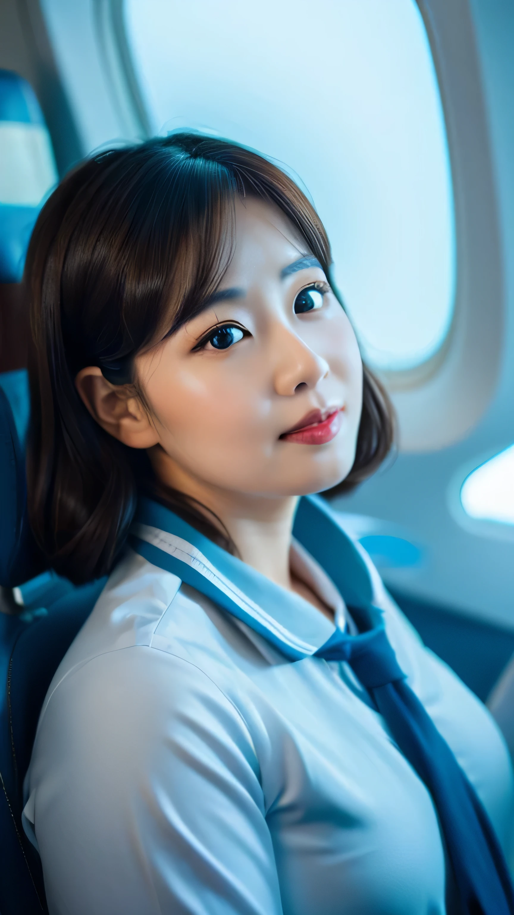 1 female, Overweight, flight attendant, extremely fat, Chubby, Japanese, 4K, High resolution, masterpiece, highest quality, fine skin, sharp focus, (cinematic lighting)