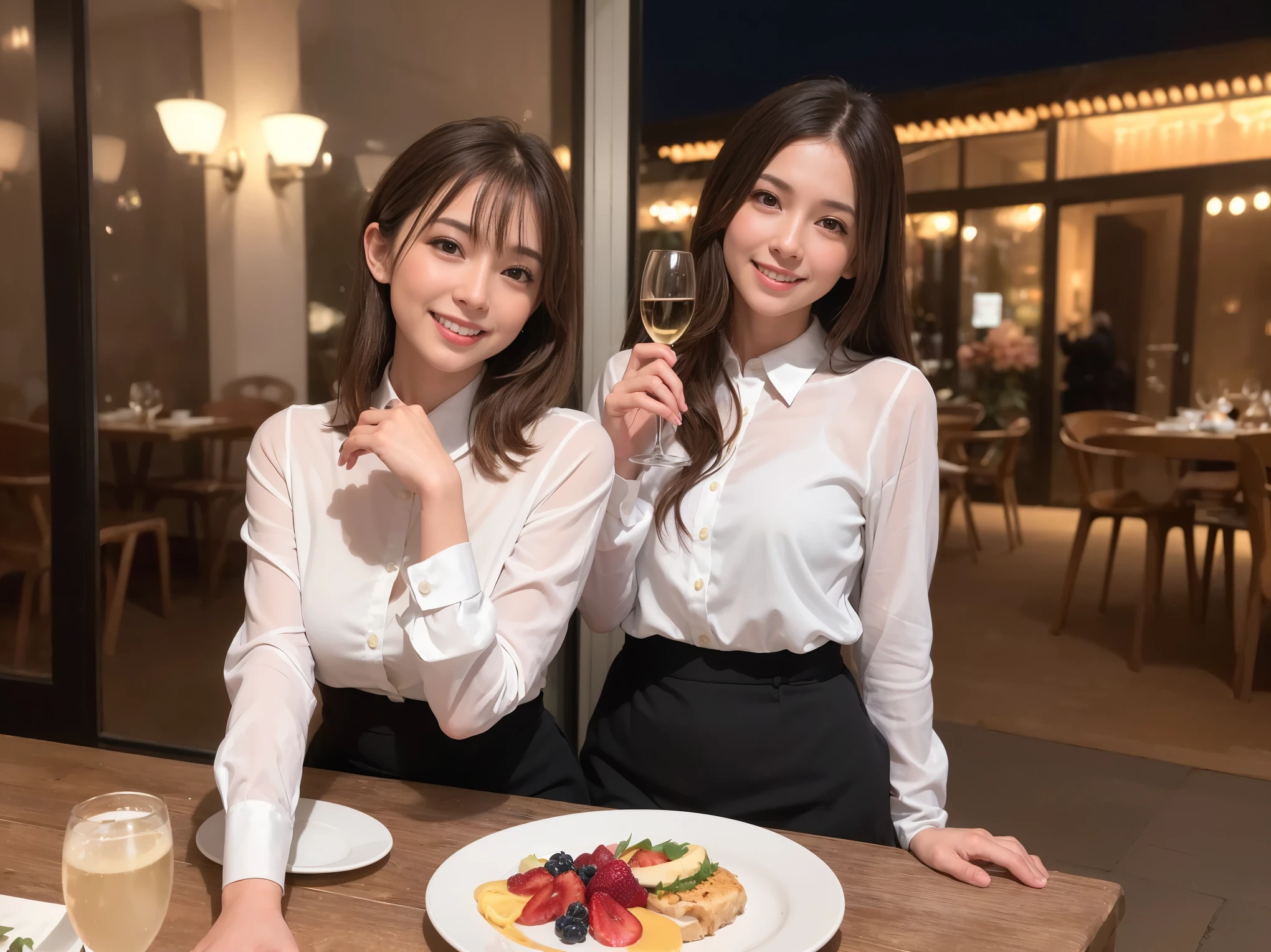 64k, UHD, highest quality, masterpiece: 1.2), (realistic, photorealistic: 1.37), Super detailed, slimな美女3名, (slimフェイス),Happy、 最高なsmile、Fox face、Berry Short、(Because I&#39;m slender), (brown hair), (shortcut), long sleeve shirt、winter fashion、Colombian、Brazilian、Japanese、Dutch、German、Portuguese、Belgian、Italian、French,champagne、Sparkling wine、 (burst into laughter), (slimボティ), (brown hair), (short cut), Neat beauty、cheeks blush a little, (35 years old), 38 years old, alone, A beautiful and detailed night view spreads out outside the window.., restaurant, wine glassが座っている, At night, in a prominent place (from the Upper body) nova frog style, actress, model, Upper body, White wine, slim, wine glass, Super Clean Night View, wine glass Put in the Middle, Happy smile, (smile: 1.15), 