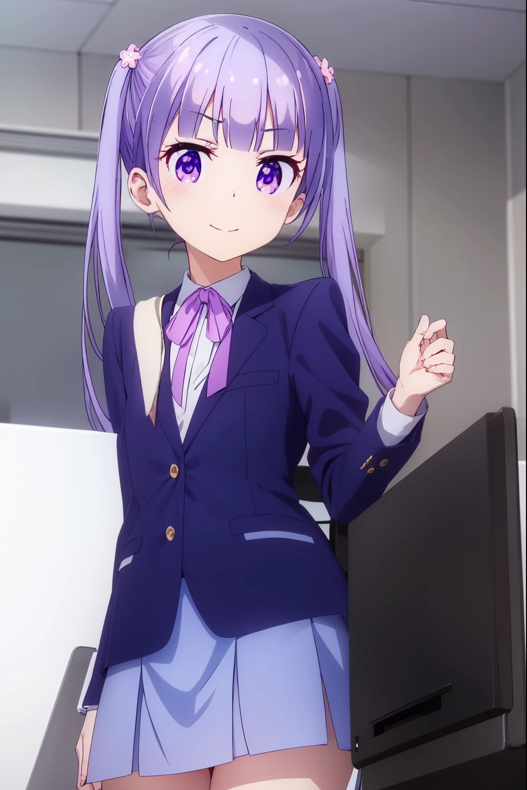 aobasuzukaze, aoba suzukaze, eyebrows, hair ornament, long hair, (purple eyes:1.1), purple hair, twintails, smile,
BREAK blue skirt, bow, bowtie, business suit, dress shirt, formal, neck ribbon, pink bow, pink bowtie, pink ribbon, ribbon, shirt, skirt, skirt suit, suit, white shirt,
BREAK indoors, office,
BREAK looking at viewer, (cowboy shot:1.5),
BREAK (masterpiece:1.2), best quality, high resolution, unity 8k wallpaper, (illustration:0.8), (beautiful detailed eyes:1.6), extremely detailed face, perfect lighting, extremely detailed CG, (perfect hands, perfect anatomy),