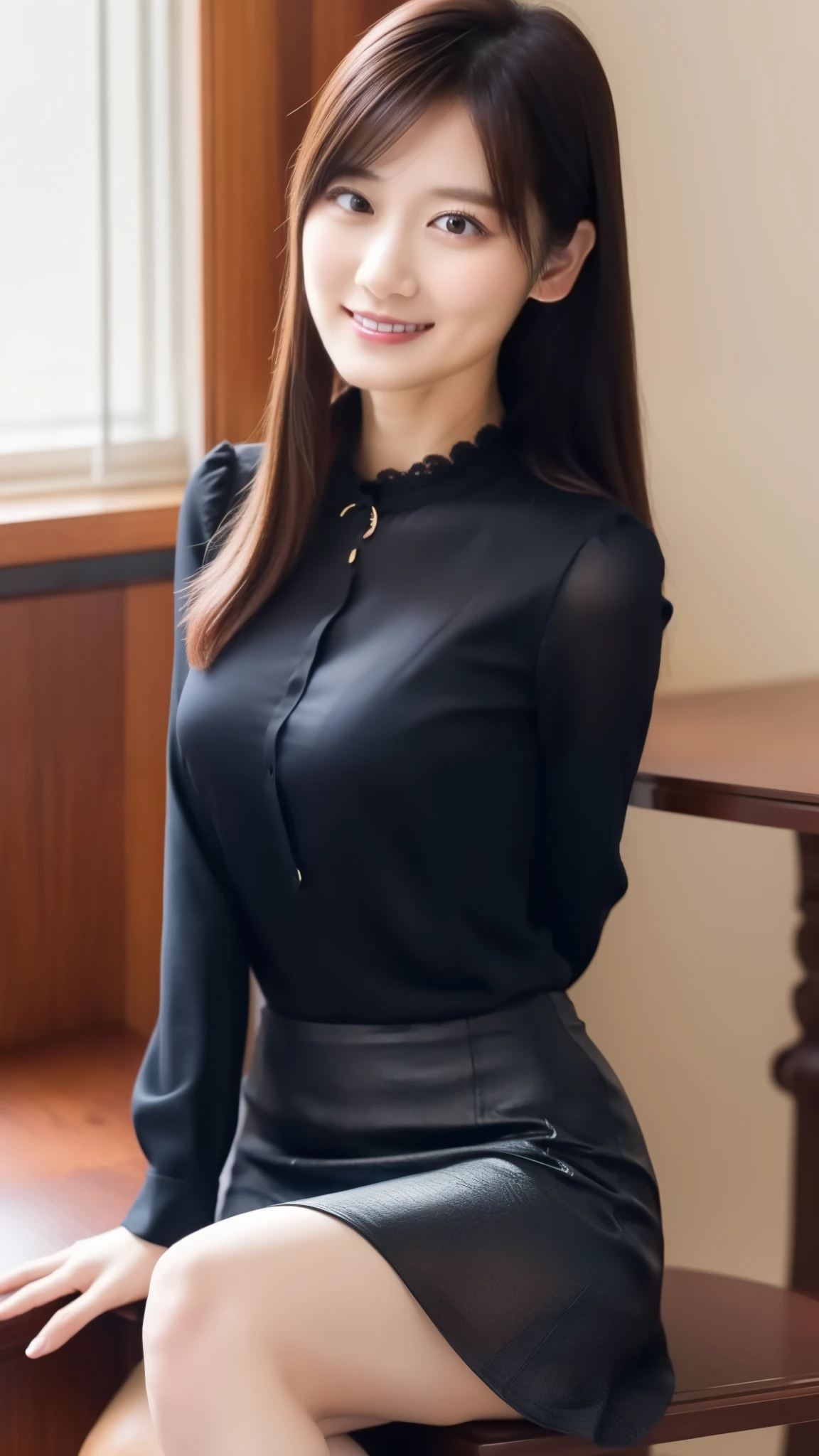 ((masterpiece))、((highest quality))、picture、reality、High level image quality、super detailed、married woman、20th generation、delicate features、middle hair、Realistic background and accessories、firm, small breasts、sexy smile、office of、conference room、wide shot、Loose black open blouse、Tight Skirt、Sit on a desk and cross your legs、Backlight、((Mizuki Yamashita))