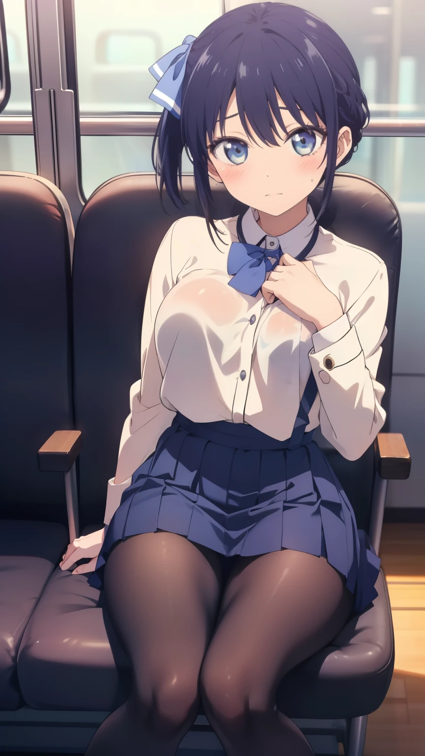 table top、High resolution、2 people、2 peopleの女の子、twins、2 peopleの可愛い女の子、big and full breasts、naughty body、underwear only、see-through、pink lingerie、throw、sit on the seat、Looking up at me、confused face、blush、black pantyhose、The shape of a woman's private parts is clearly visible、nipples are visible、navy checkered skirt、micro mini skirt、very short skirt、trainの中、train、molestation、A man touches my body、a lot of people、in the crowd、man sitting next to、A man also touches my thighs、open your legs、no panties、hold the penis with one's own hand