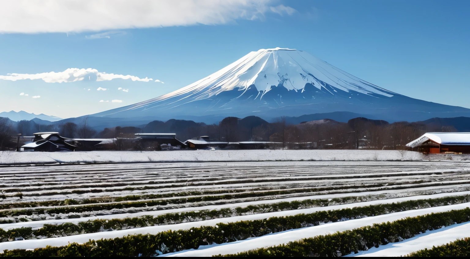 winter、snow scene、A tea plantation covered with snow spreads out in the foreground、Mt. Fuji can be seen in the background