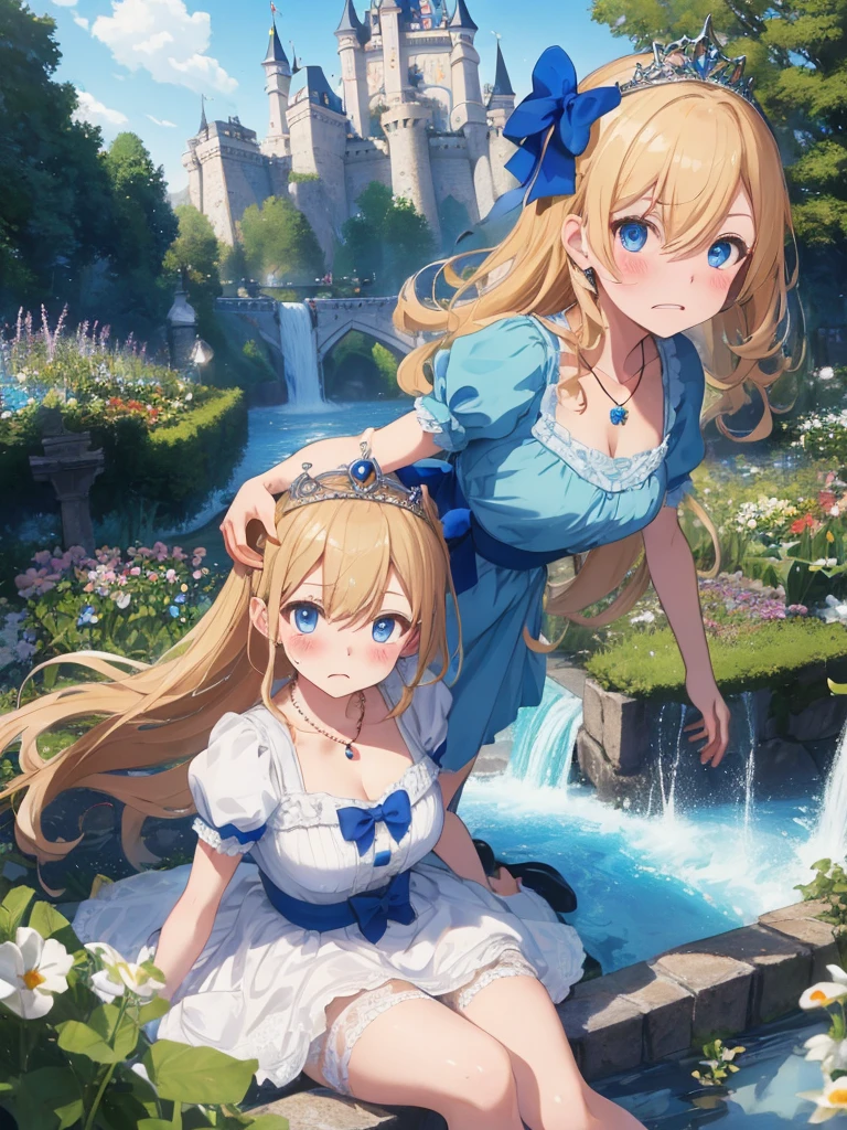 photo realistic, (masterpiece,best quality:1.4),(8k,raw photo,photo realistic:1.2), detailed skin, detailed face,1girl, Princess, cute face, , Not Safe for Work, (raw photo, photo realistic: 1.2), (((upset, hairstyle))), blue eyes, (blonde hair), light smile, shiny wavy hair, sidelock, curtsey, (ballgown), Princess doress, shortsleeves, a smile, red blush, Doress, Hair Between Eyes, White Panties Hose, ((Blue the Bow)), Puffy Sleeves, Bangss, (tiara), (necklace), (bridal gauntlets), foot out of frame, frilld, : q, masterpiece, top-quality, not safe for work, 14-yo, braided bangs, yumekawa,yumekawaii,pastel color,(wonderland garden:1.3),rainbow waterfall,dripping ink,imagination,(Castle:1.4),